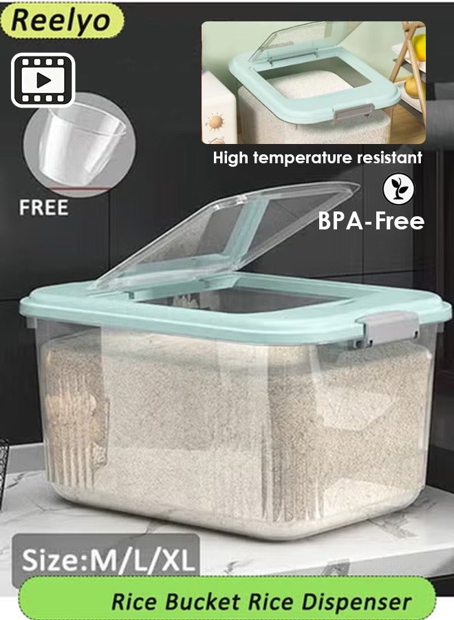 Reelyo Rice Bucket with Measuring Cup, 8/13/18KG Clear Food Dispenser Rice Container, Transparent Storage Container for Cereal, Cereal Dry Food Storage Containers, Sealed Moisture-Proof Rice Storage Bucket, BPA-Free Household Rice Holder Bin Large Capacity Grain Container for Flour, Sugar, Oatmeal, Soybean, Cereals Kitchen Pantry Organization and Storage - Image 1